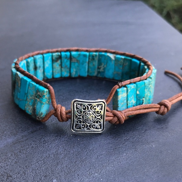 Jewelry - Blue Imperial Jasper Bracelet Boho Genuine Leather